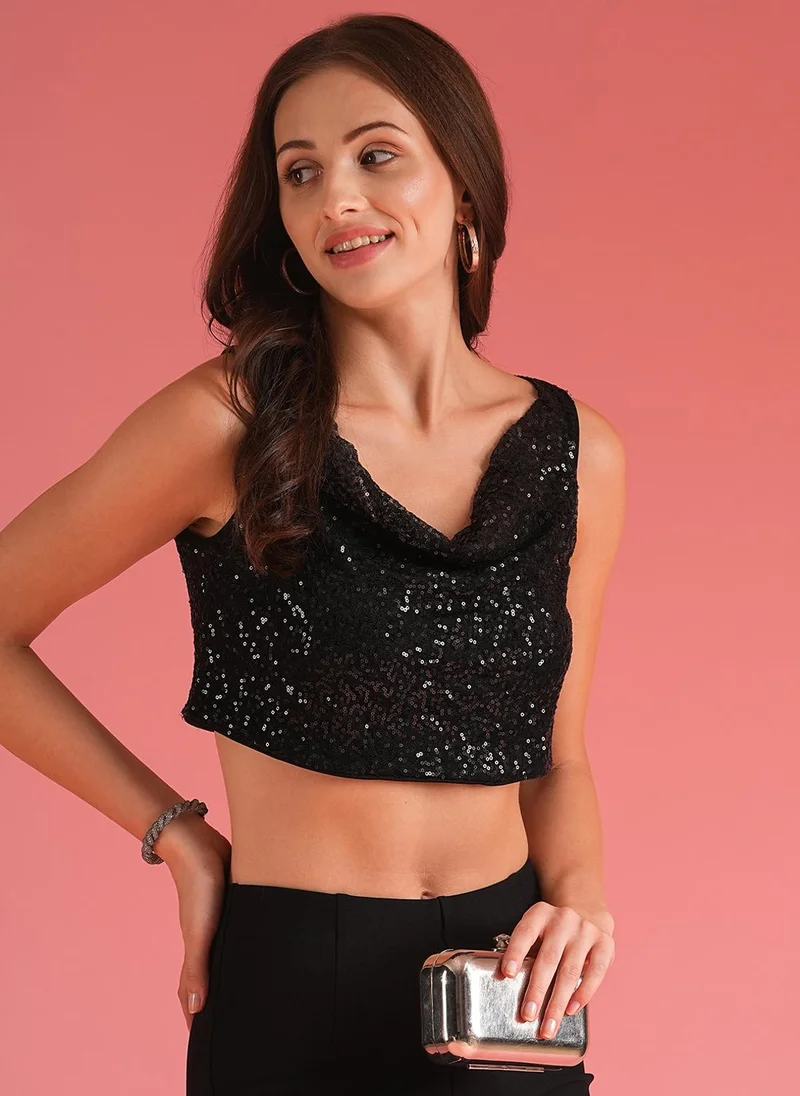 globus Globus Women Embellished Cowl Neck Sequined Party Crop Top